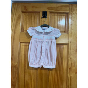 Vintage Friedknit Creations Pink Smocked Pink Gingham Embroidered Cherry suit